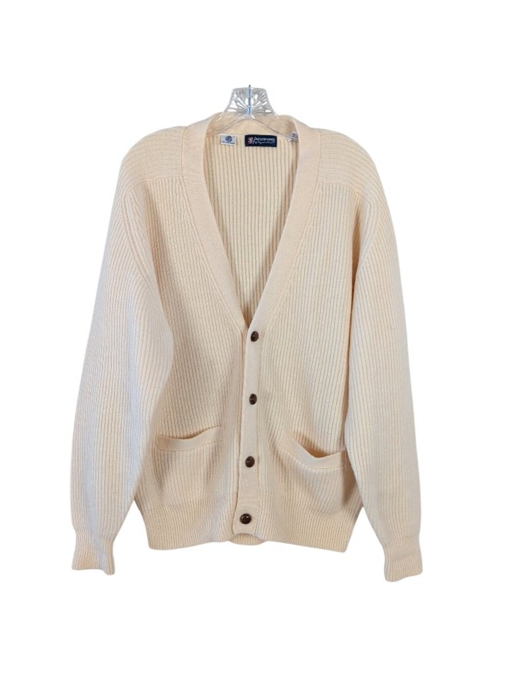 Vintage Austin Reed Mens 100% Wool Cardigan Sweater Cream Ribbed Knit Grandpa
